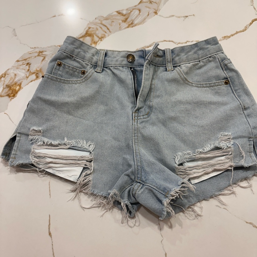 Distressed Light Blue Denim Shorts